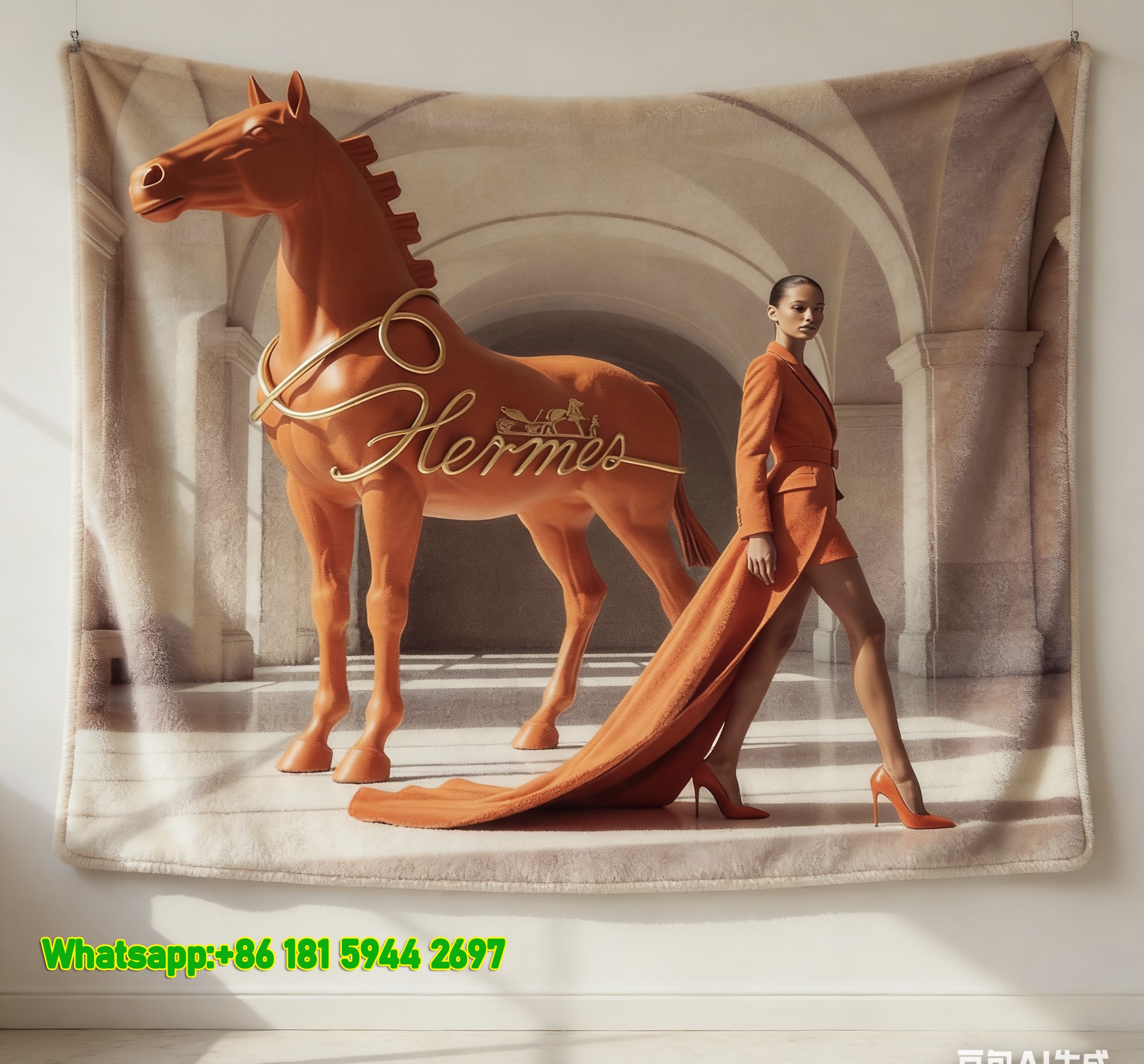 Luxury Hermès Orange Horse Sculpture & Fashion Model Print Flannel Throw Blanket IMG_5180